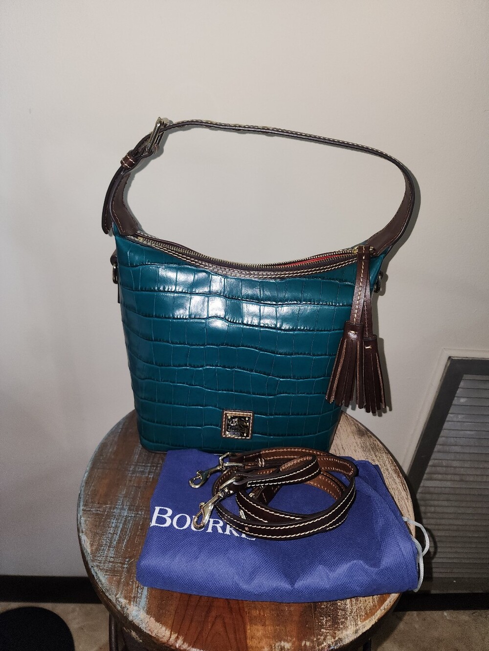 Dooney & Bourke Teal Croc-Embossed Leather Shoulder Bag with Brown Trim